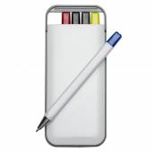 KER 104-Kit escolar 5 em 1, caixa bca plástico resist.-caneta c carga azul, caneta c carga preta, ca