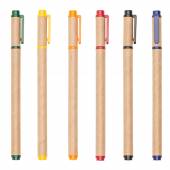 CE 426-Caneta ecológica roller. Caneta material kraft com tampa,clip plástico colorido, anel e parte