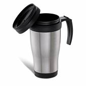 CNM 102-Caneca inox 400ml, revestida c PVC, pegador e detalhes plást resistente.Tampa rosqueável, co